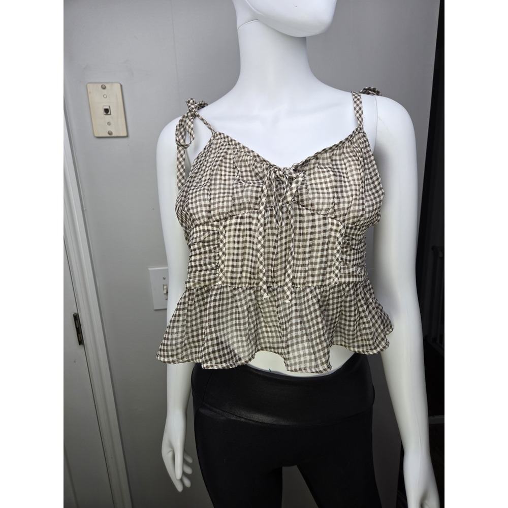 Americal Eagle Brown Plaid Milkmaid Babydoll Smoaked Ruffle Crop Top Small
